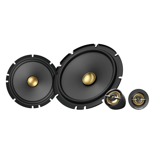 Pioneer TS-A1601C, 2-rigting-komponent-motorklankluidsprekers, volle reeks, duidelike klankgehalte, maklike installasie en verbeterde basrespons, swart en goudkleurige 6.5” ronde luidsprekers