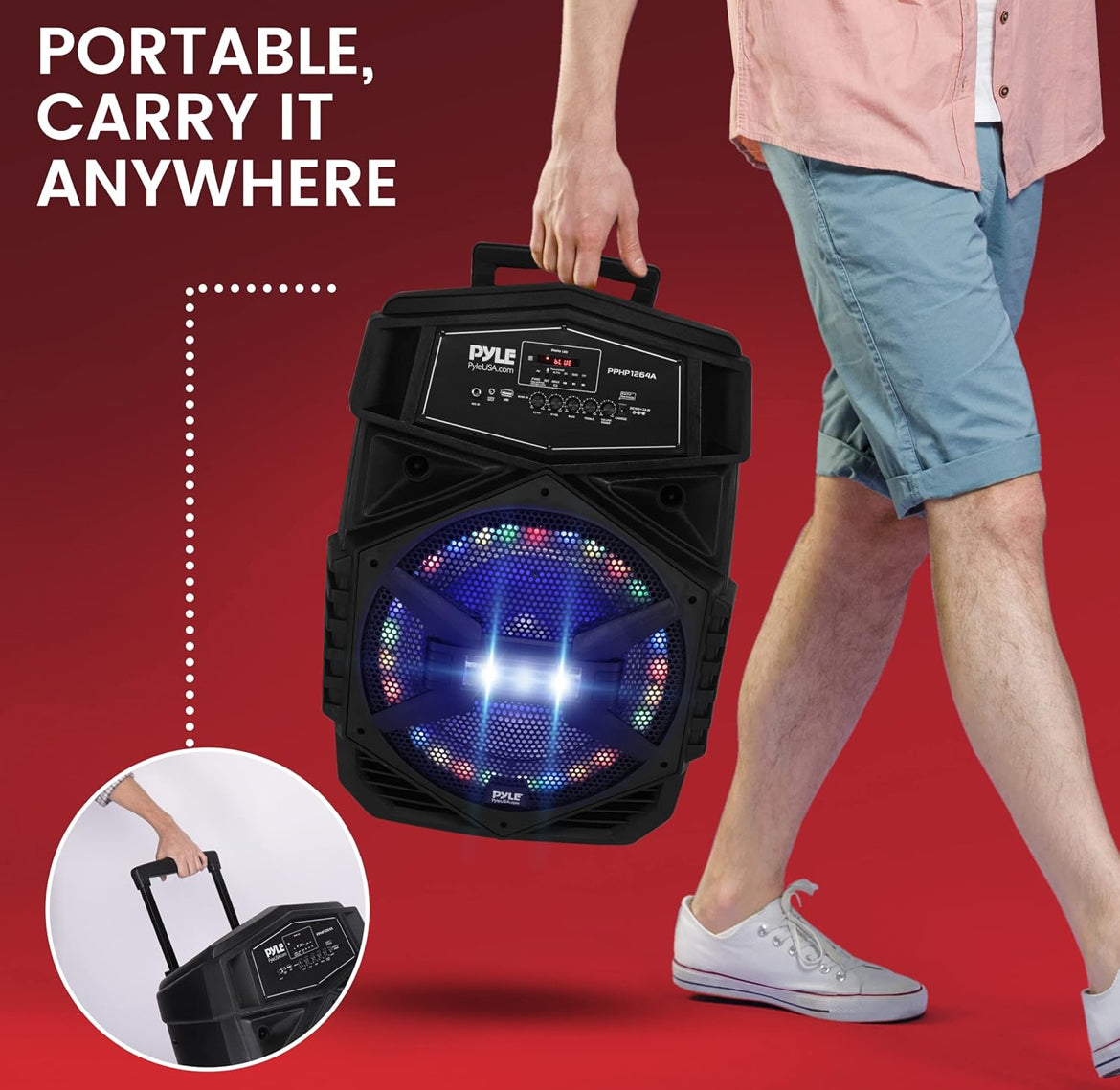Portable Bluetooth Speaker System 12" 1000W w/ LED Lights, USB/Micro SD/FM/BT/Aux/Remote Control/Mic & Guitar Inputs, Built-in Rechargeable Battery w/ Wheels & Handle Bar