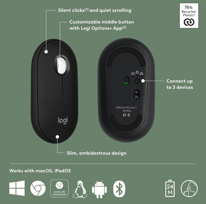Logitech Pebble Muis 2 M350s Slank Bluetooth Draadlose Muis, Draagbaar, Liggewig, Aanpasbare Knoppie, Stil Kliek, Maklike Wisseling vir Windows, macOS, iPadOS, Android, Chrome OS - Swart