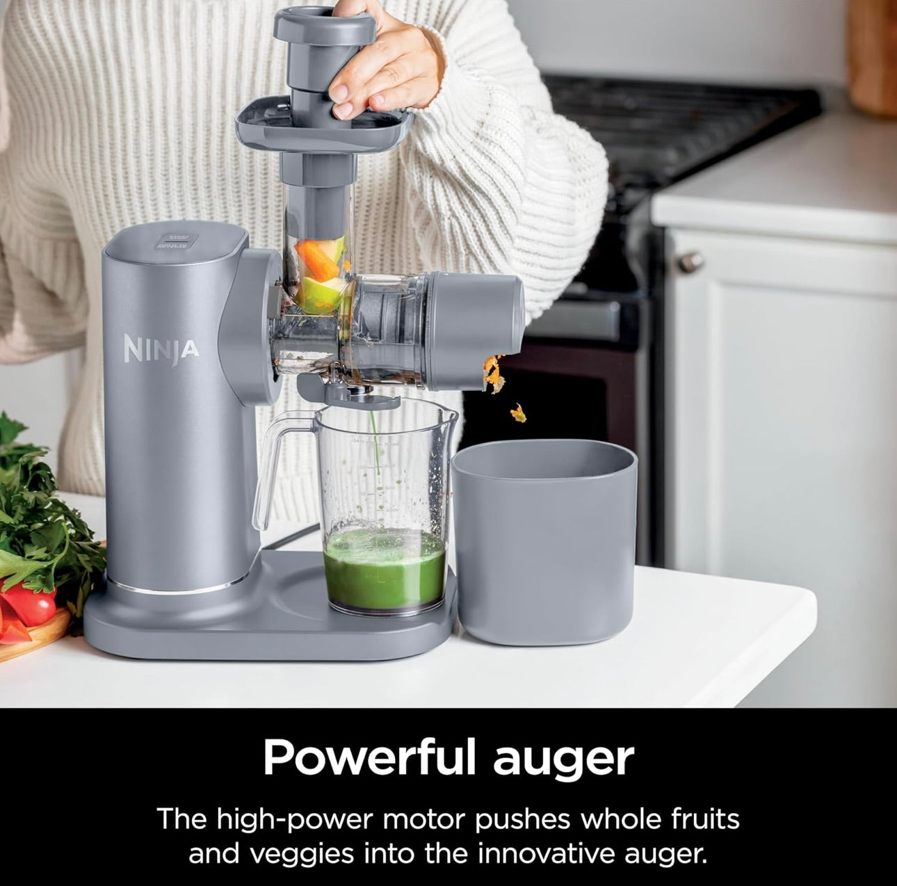 Ninja NeverClog Cold Press Juicer, Powerful Slow Juicer with Total Pulp Control, Countertop, Electric, 2 Pulp Functions - Steam Gray (JC151SL)