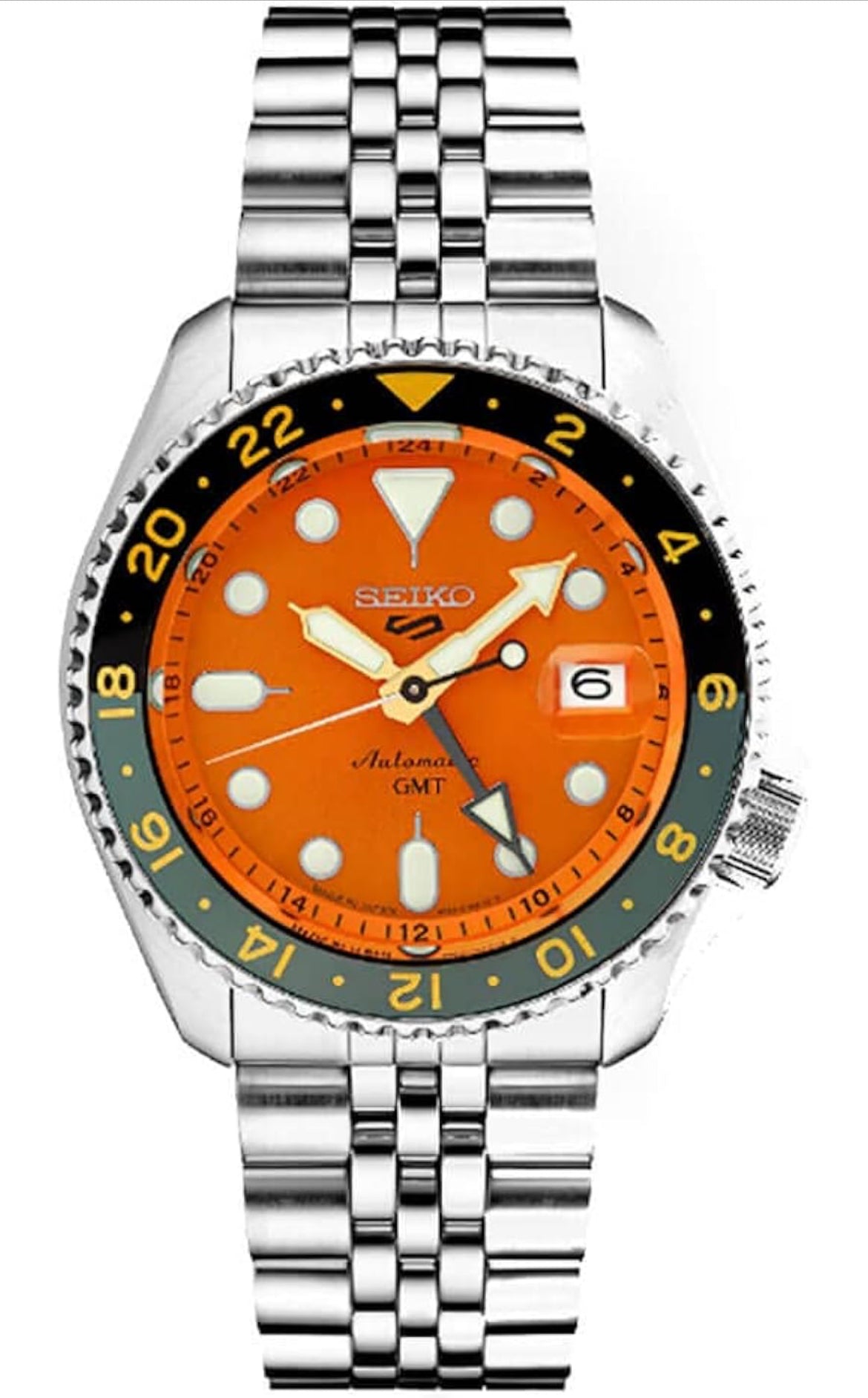 Seiko Outomatiese Horlosie vir Mans - 5 -Sport - Oranje Wysplaat met Datumkalender en Liggewende Wysers & Merkers en Grys GMT Ring, 100m Waterbestand
