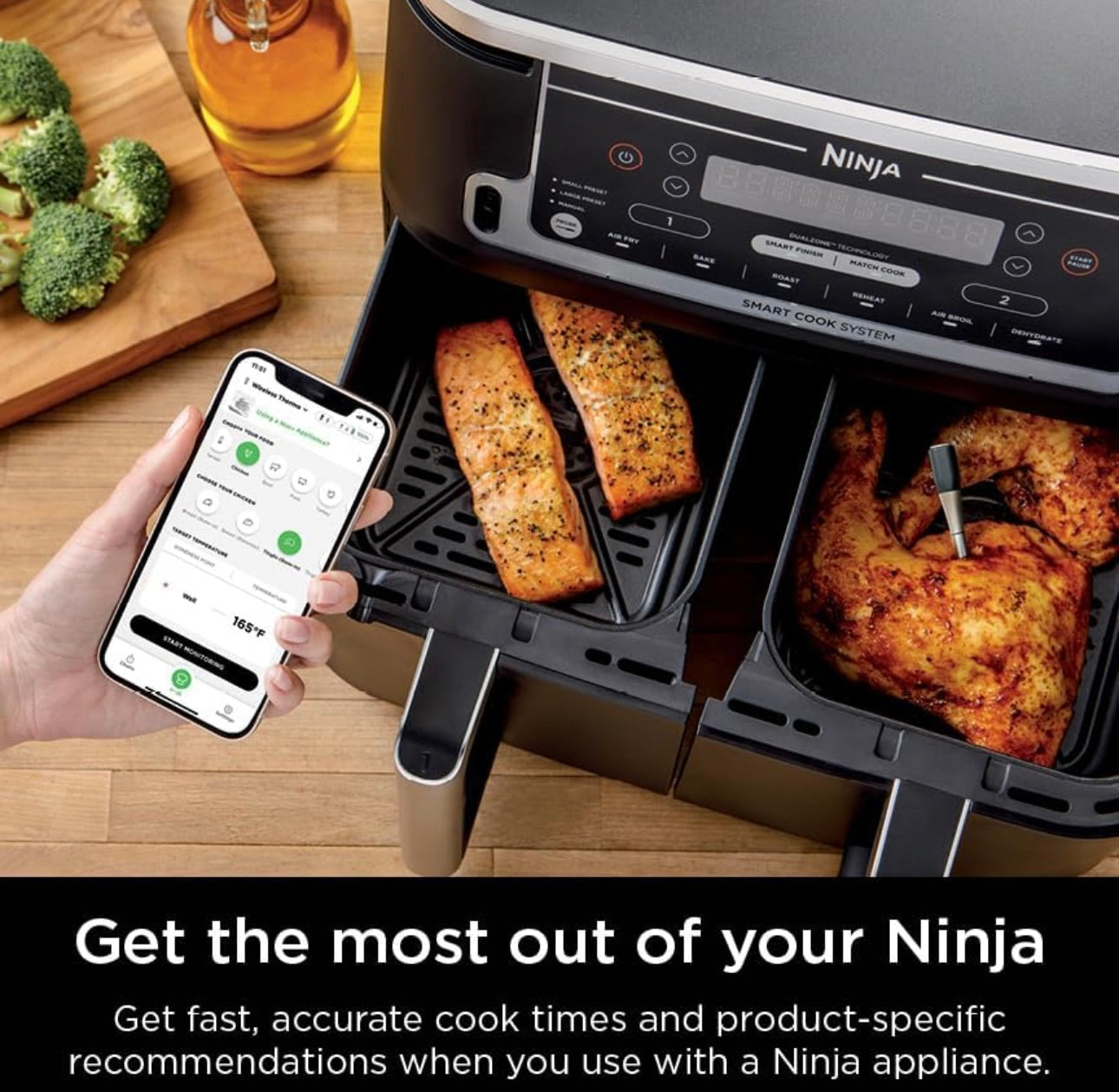 Ninja Vleistermometer ProChef Koordlose Sonde vir Binne- en Buite-lugbraaier, Braai, Kook, Rooker, Oond, Rooster, Langafstand Bluetooth-toepassingverbinding, Opvlam-bestand, Waterdig, Slegs VSA, WP100