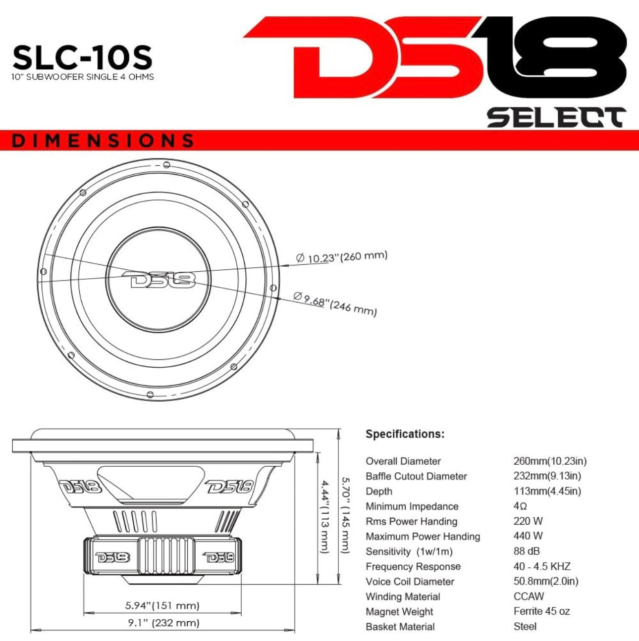 DS18 SLC10S Car Subwoofer Audio Speaker - 10" Single Voice Coil 4 Ohm Impedance, 440W MAX Power Sound System