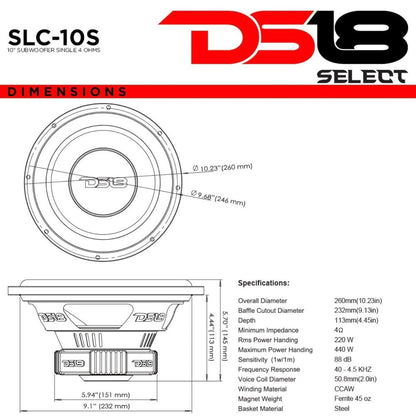 DS18 SLC10S Motorvoertuig Subwoofer Oudioluidspreker - 10" Enkelstemspoel 4 Ohm Impedansie, 440W MAKS Krag Klankstelsel