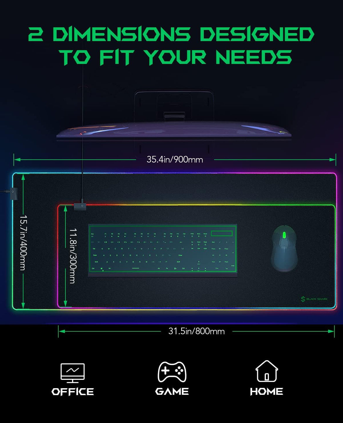 Black Shark RGB 35.4"x15.75"x0.15" Extended Desk Mat with Smooth Surface Manta P7