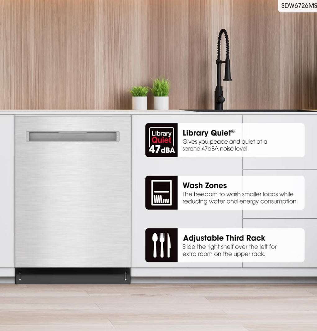 Sharp SDW6726MS 24-inch Stainless Steel Dishwasher, 47 dB Library Quiet, Third Rack, Power Wash Sprayer, 12 Place Settings,