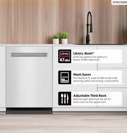 Sharp SDW6726MS 24-inch Stainless Steel Dishwasher, 47 dB Library Quiet, Third Rack, Power Wash Sprayer, 12 Place Settings,