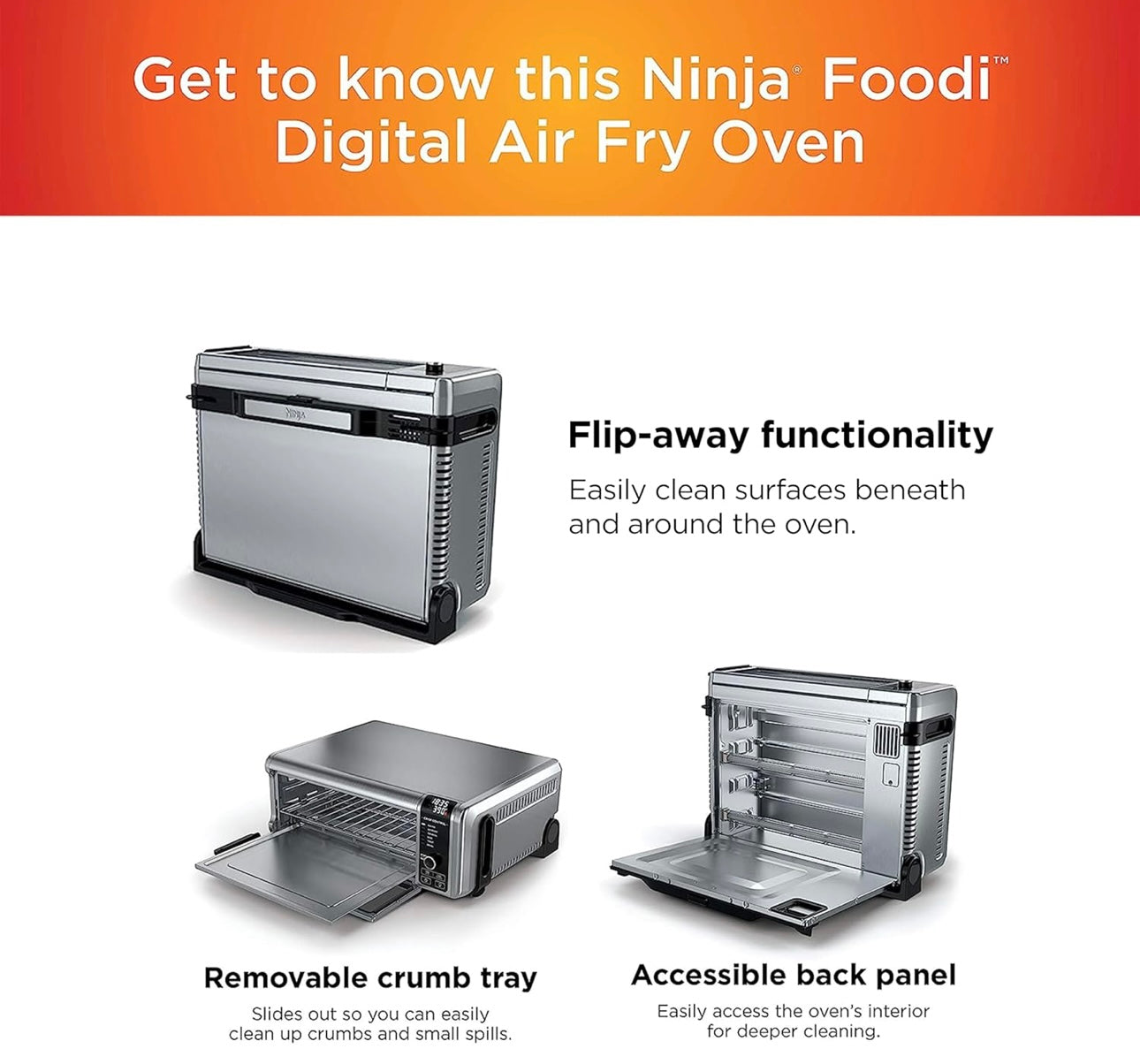 Ninja SP101 Digital Air Fry Countertop Oven with 8-in-1 Functionality, Flip Up & Away Capability for Storage Space, with Air Fry Basket, Wire Rack & Crumb Tray, Silver
