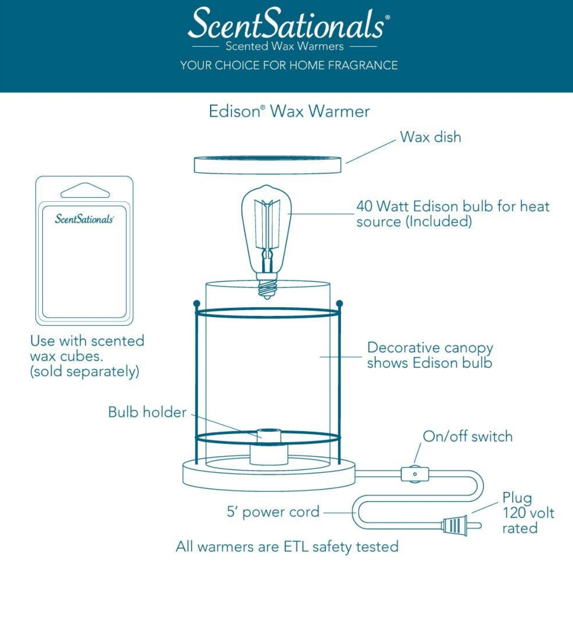 Scentsationals Wax Melt Warmer, Edison Collection Anchorage - Candle Wax Melter for Fragrance Cubes and Tarts