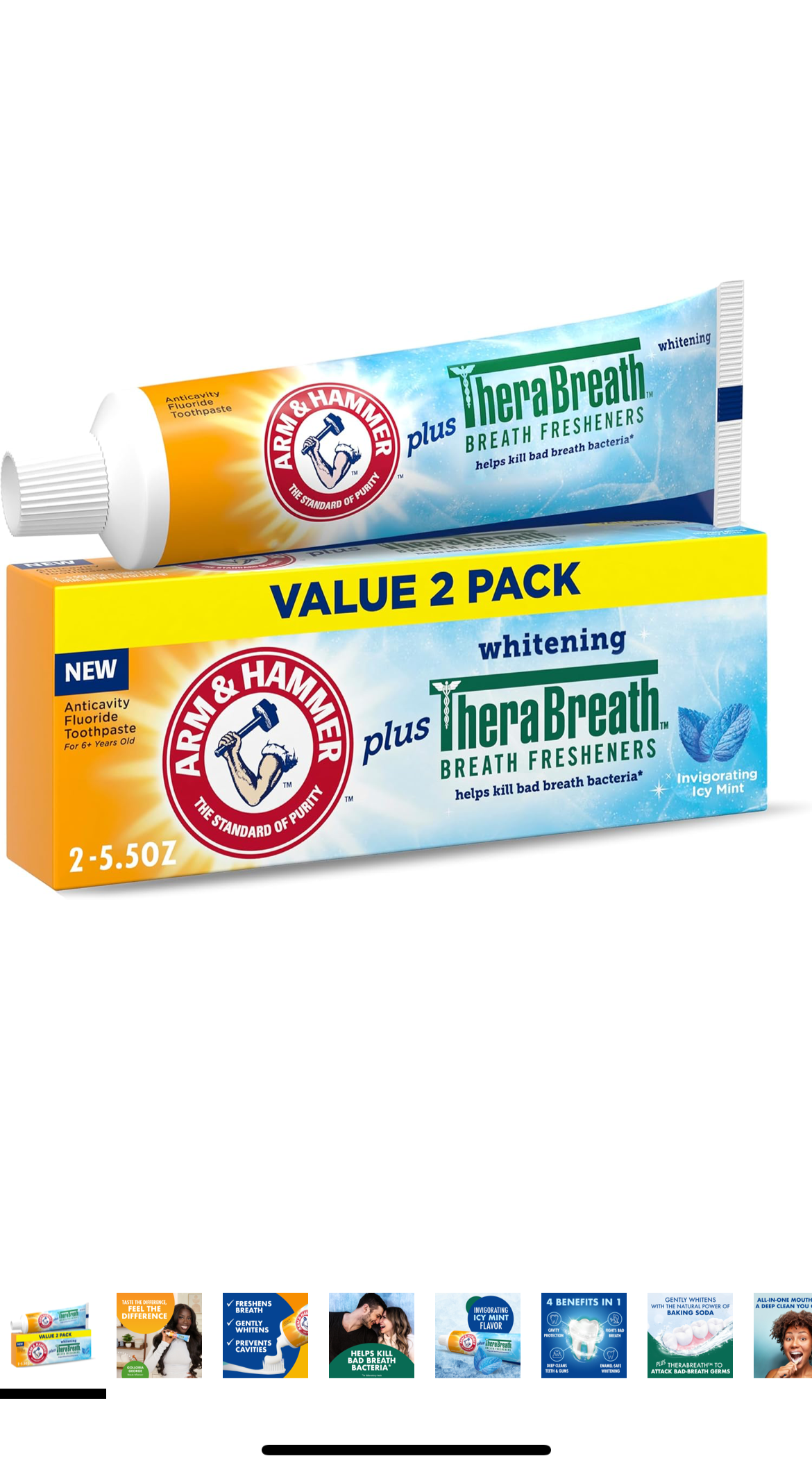ARM & HAMMER Toothpaste Plus TheraBreath Breath Fresheners, Invigorating - ICY Mint Flavor 5.5 Oz (Pack of 2)