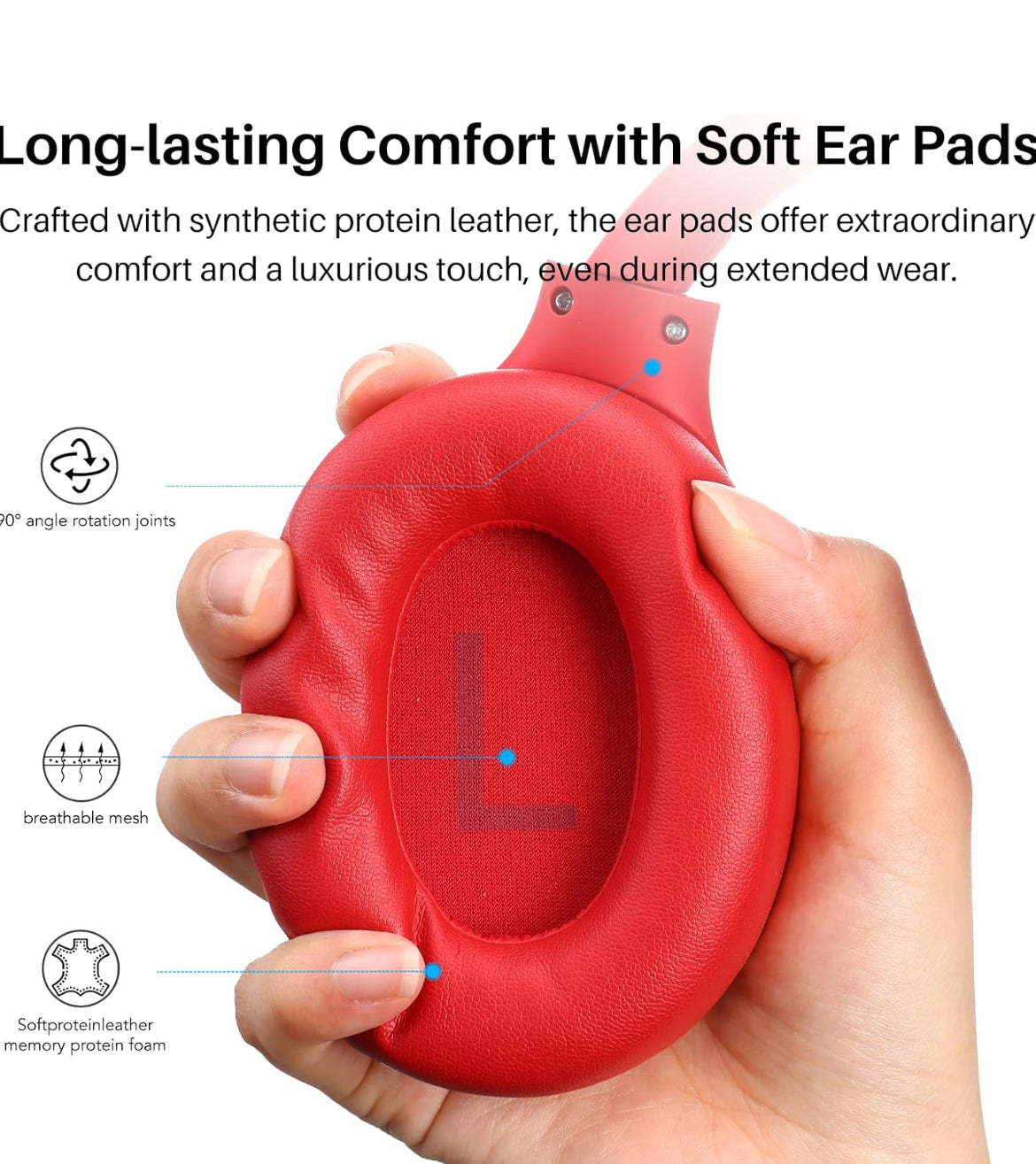 Hybrid Active Noise Cancelling Headphones, Wireless Over Ear Bluetooth, 40H Playtime, Hi-Res Audio Custom EQ, Comfort Fit Ear Cups (Red)