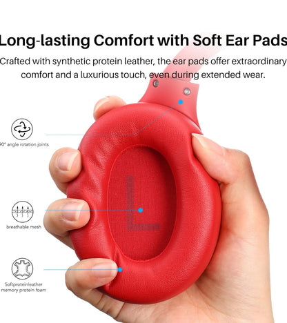 Hybrid Active Noise Cancelling Headphones, Wireless Over Ear Bluetooth, 40H Playtime, Hi-Res Audio Custom EQ, Comfort Fit Ear Cups (Red)