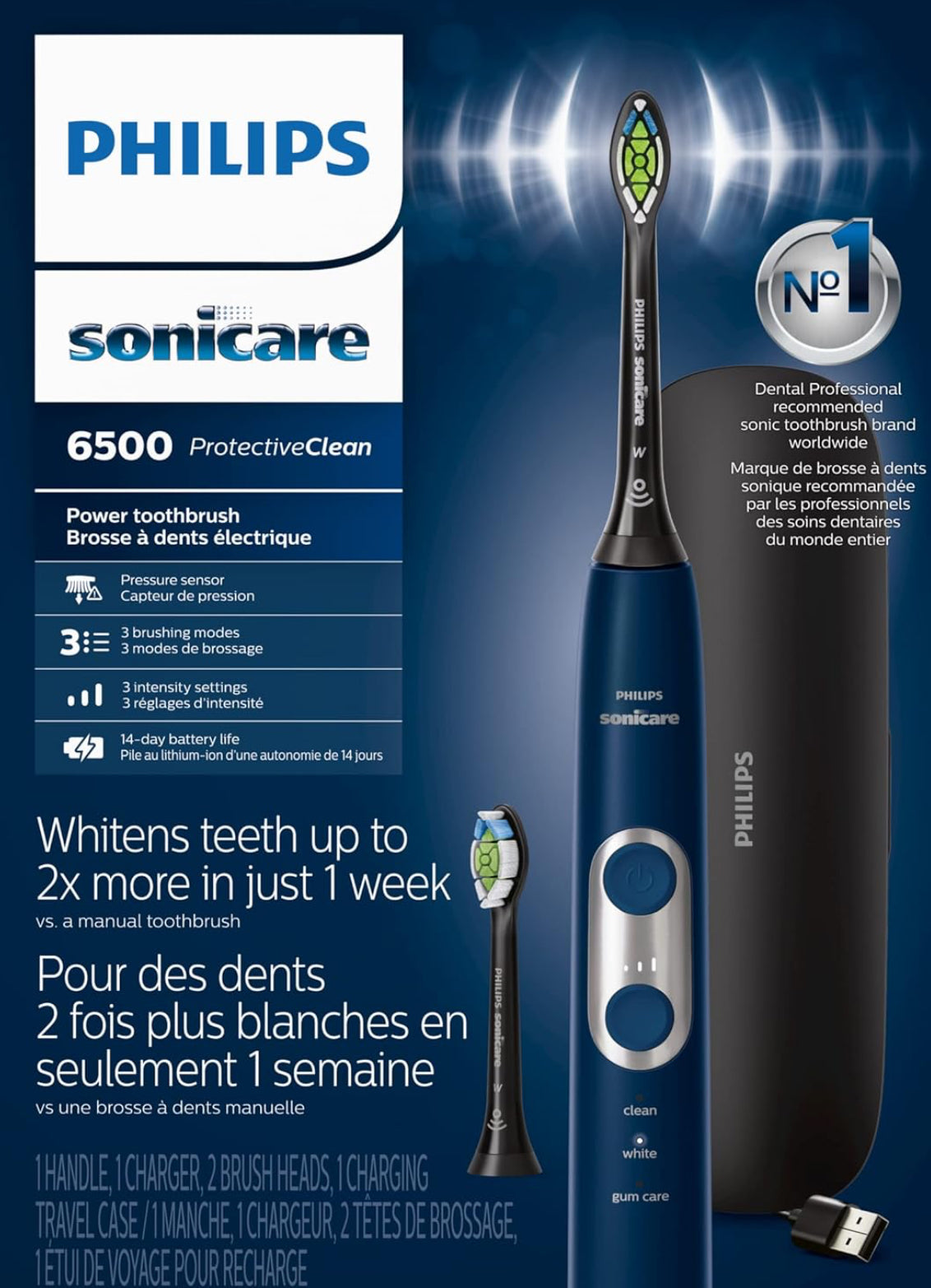 Brosse à dents électrique rechargeable Philips Sonicare ProtectiveClean 6500, avec capteur de pression, 3 modes de nettoyage, SmarTimer et QuadPacer, étui de voyage de charge – Bleu marine, HX6462/07