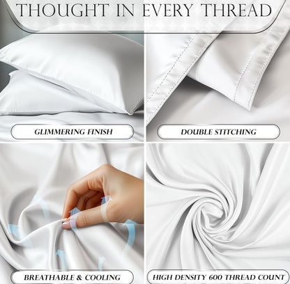 DECOLURE Satin Bed Sheets - 4 Piece Luxury Silky Queen Size Bedding Set - Softer Than Silk, Wrinkle-Free with 15” Deep Pocket Fitted Sheet, Perfect for Hair & Skin, Gifts for Women (White)