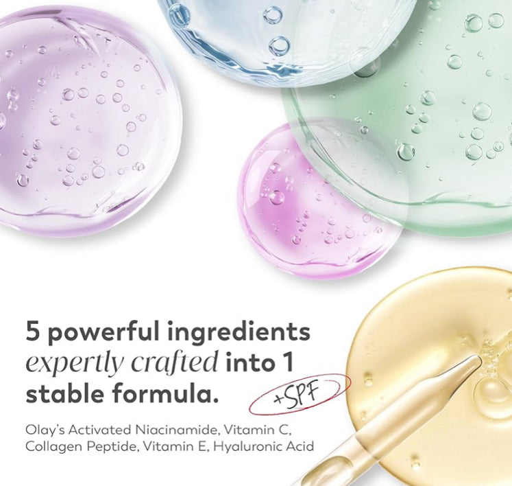 Olay Super Cream met Sonbeskerming SPF 30, Liggewig Gesigbevogtiger (1.7 oz) & Proefgrootte Vitamien C-Reinigingsmelters, Water-geaktiveerde Gesigwasmiddel (12 st)