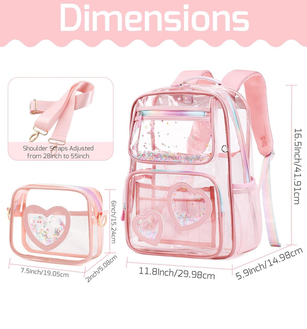 Girls Clear Backpack,2 PCS Large Backpacks Set,Heavy Duty Bookbag Stadium Approved Daypack Transparent Women Bag See Through Daypack for Kids Elementary Middle School Students Teens Sport Pink