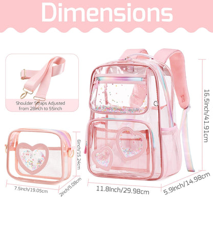 Girls Clear Backpack,2 PCS Large Backpacks Set,Heavy Duty Bookbag Stadium Approved Daypack Transparent Women Bag See Through Daypack for Kids Elementary Middle School Students Teens Sport Pink