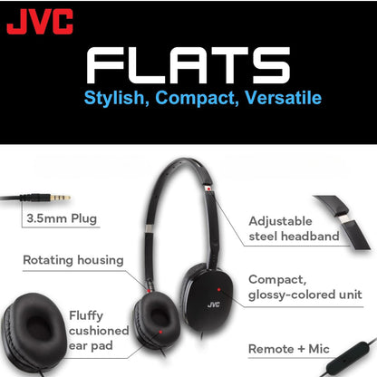 JVC Flats Oor-op-Oor Bedrade Oorfone - Plat Opvoubare Ontwerp - 30mm Drywer vir Kragtige Klank - Sagte Oorkussings vir Gemak – Staalkopband - Liggewig en Draagbaar - PC/Skootrekenaar/Spel - 3.5mm Slank Prop