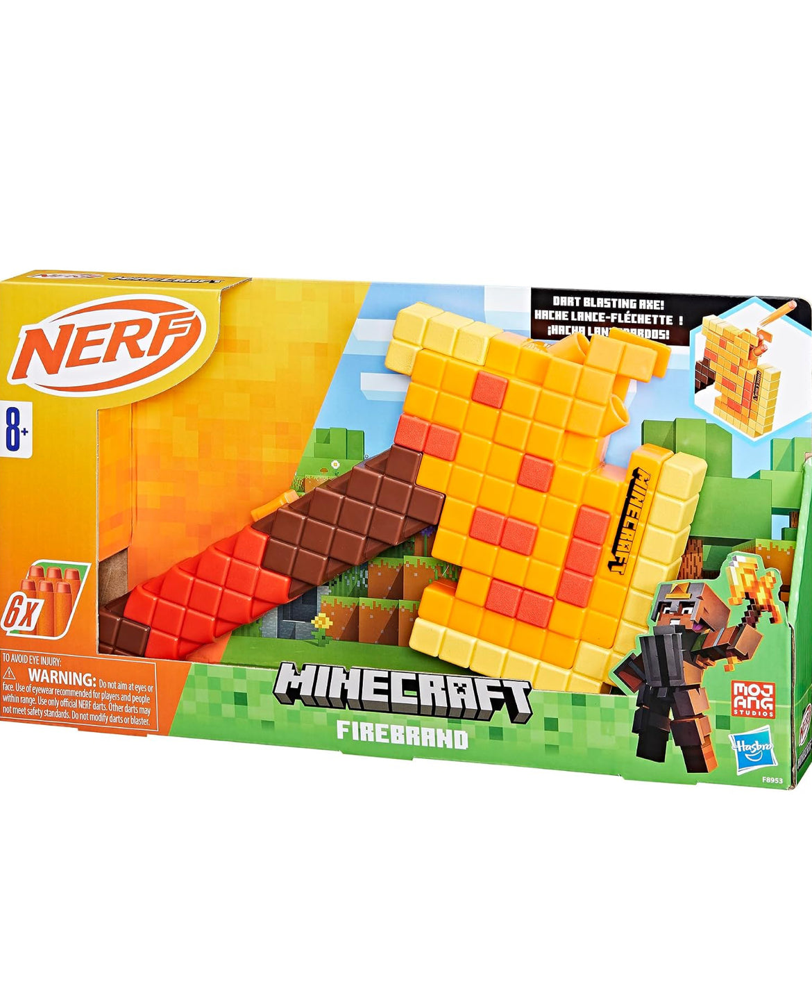 Nerf Minecraft Firebrand, Dart Blasting Axe, 6 Nerf Elite Foam Darts, Design Inspired by Minecraft Axe in The Game, Pull Down Priming, Minecraft Toys, Medium, Yellow