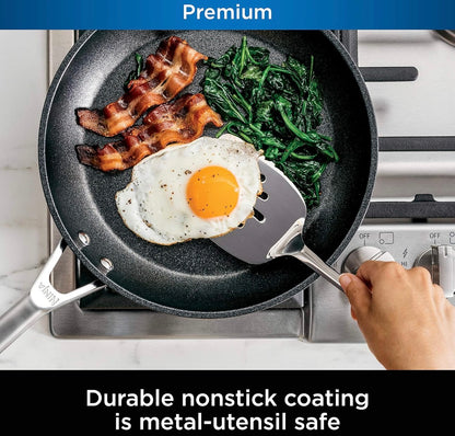 Ninja C33000 Foodi NeverStick Premium 3-Stuk Kookgerei Stel, 30 cm Braaipan, 4.7 Liter Soteerpan met Glasdeksel, Hard-Geanodiseer, Kleefvry, Duursaam en Oondveilig tot 260°C, Leigrys