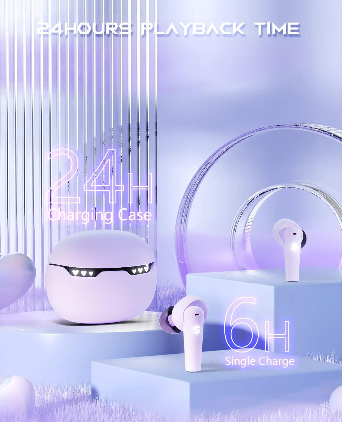 Black Shark Wireless Earbuds w/ LED Light, 45ms Ultra Low Latency - IPX5 Waterproof - Purple
