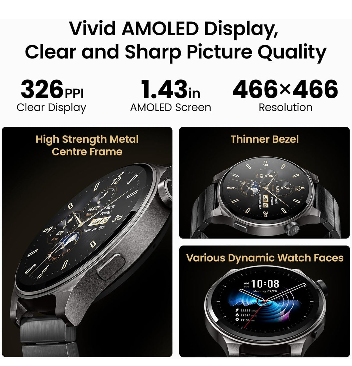 LED S5 Smart Watch 1.43" HD Sport Modes Fitness w/ Sleep Monitor, IP68 Waterproof, Stainless Steel Band