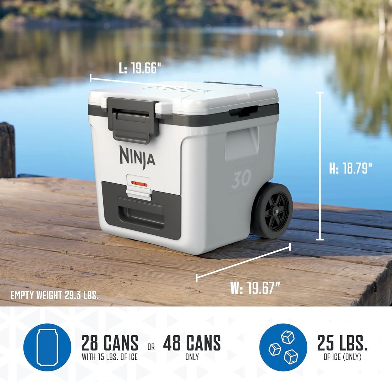 Ninja Cooler FrostVault 30QT-koeler met wiele, geïsoleer met Temp Dry Storage-laai hou ys vir dae lank koud - Cloud White