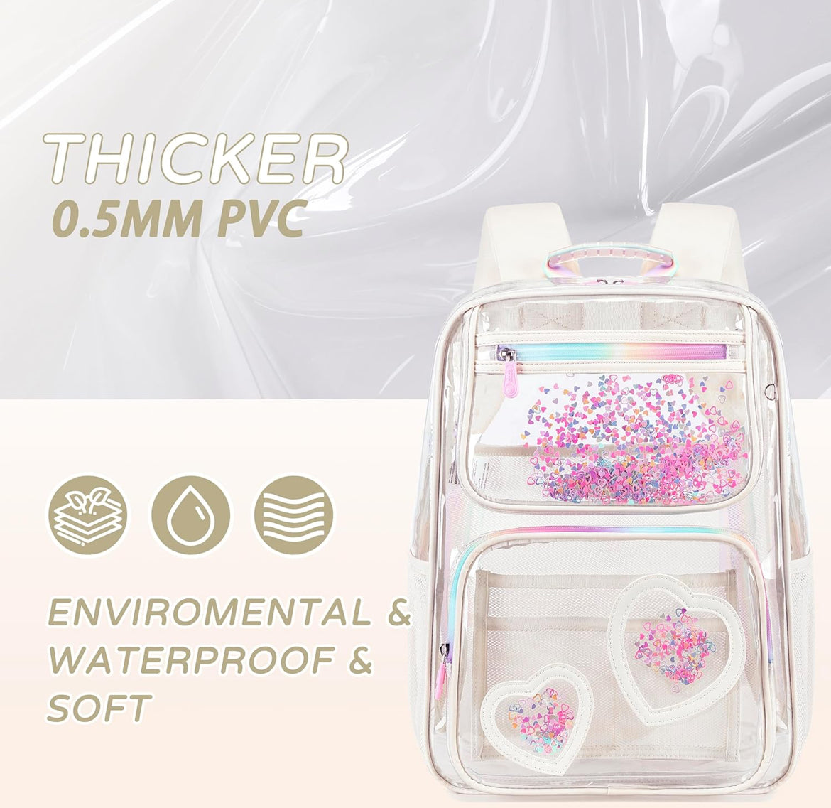 Clear Backpack for Girls Women Transparent Kids Elementary College School Bag Travel Laptop Backpacks Large Bookbags (Off-white)
