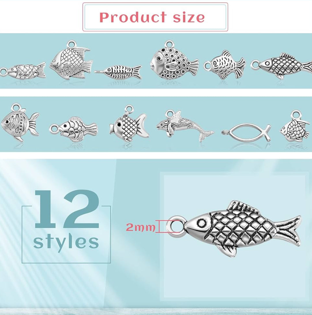 60 Stuks Vis-sjarms vir Juweliersware Maak - Verouderde Silwer Allooi Hangers in 12 Style - Gesorteerde Sjarms vir Selfdoen Handwerk Somer Armband Ketting Oorring