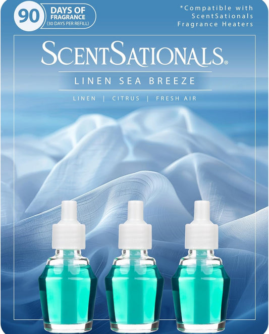 ScentSationals Linen Sea Breeze Fragrance Oil Plug In Air Freshener Refills 3-Pack - Works w/ Scentsationals Wall Plugs - Packaging May Vary