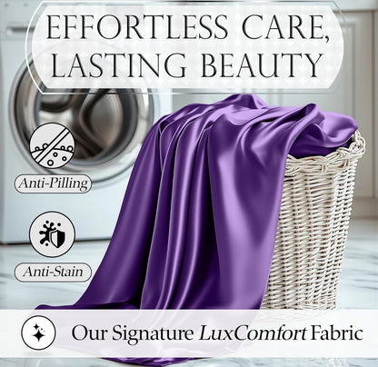 DECOLURE Satin Bed Sheets - 4 Piece Luxury Silky Queen Size Bedding Set - Softer Than Silk, Wrinkle-Free with 15” Deep Pocket Fitted Sheet, Perfect for Hair & Skin, Gifts for Women (Purple)