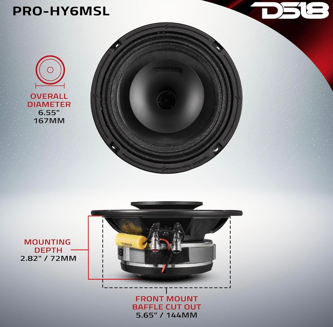 DS18 PRO-HY6MSL 6.5" Shallow Hybrid Mid-Range Car Audio W/  Built-in Driver and Grill Included - 1PC