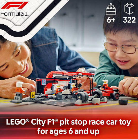 LEGO City F1 Pit Stop & Pit Crew w/ Ferrari Car Toy - Model Race Building Playset F1 Collectible