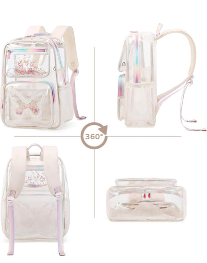 Clear Backpack for Girls Women Transparent Kids Elementary College School Bag Travel Laptop Backpacks Large Bookbags (Beige)