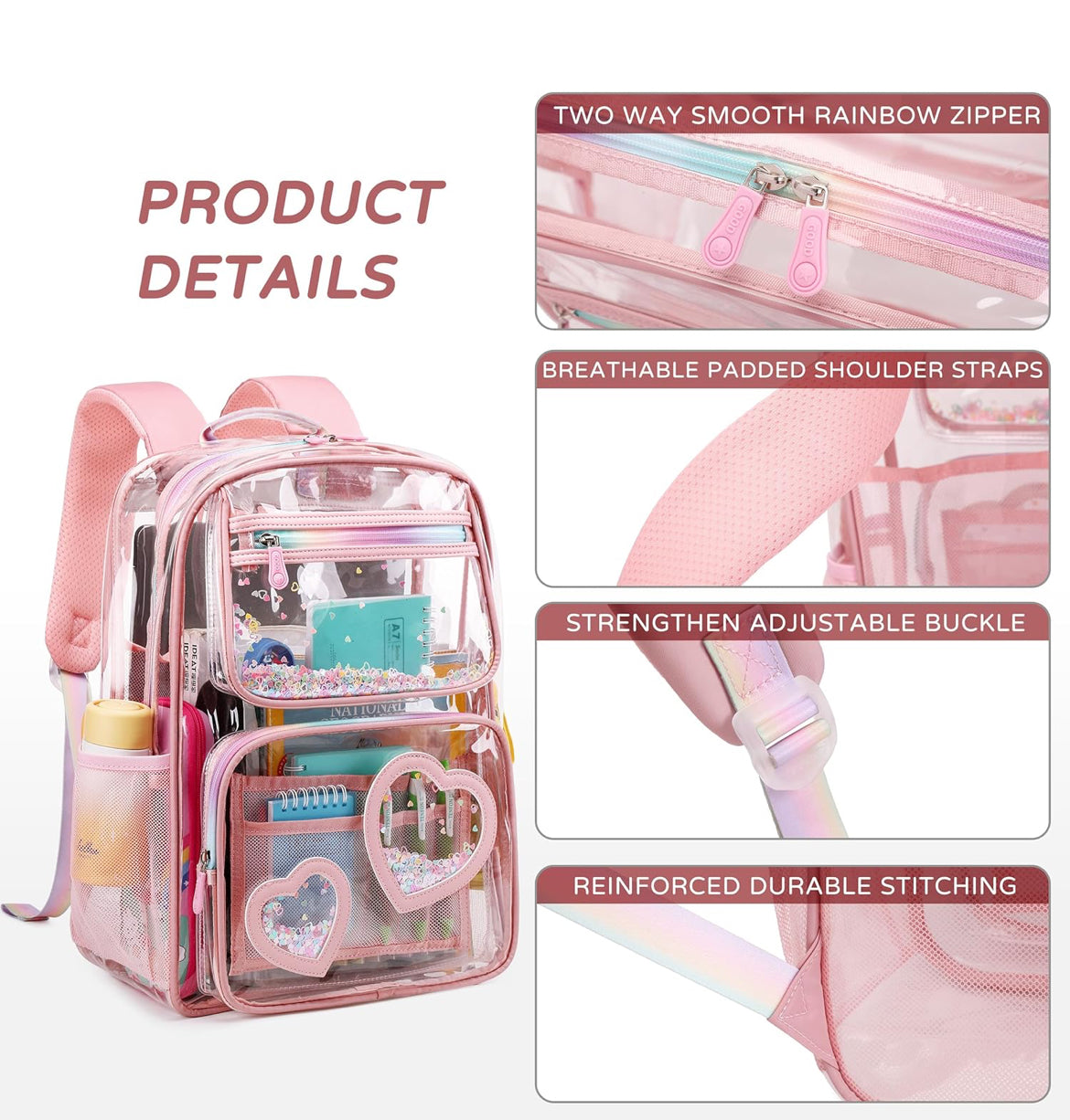 Clear Backpack for Girls Women Transparent Kids Elementary College School Bag Travel Laptop Backpacks Large Bookbags (Pink)