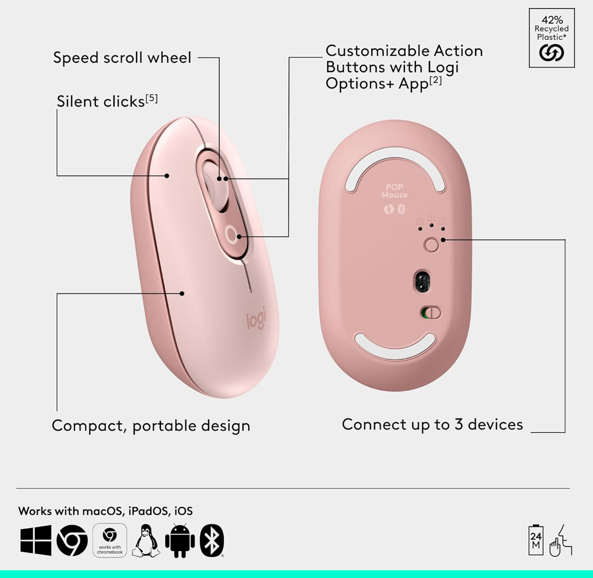 Logitech POP ICON Combo, Bluetooth-sleutelbord-en-muiskombo, Gemaklike Tik, programmeerbare Sleutels en Knoppies, Stil klikke, Maklik-Skakel tot 3 Toestelle - Roose