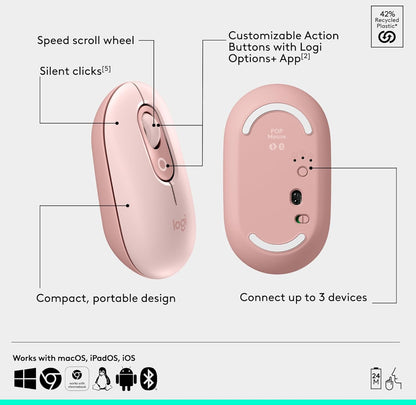 Logitech POP ICON Combo, Bluetooth-sleutelbord-en-muiskombo, Gemaklike Tik, programmeerbare Sleutels en Knoppies, Stil klikke, Maklik-Skakel tot 3 Toestelle - Roose