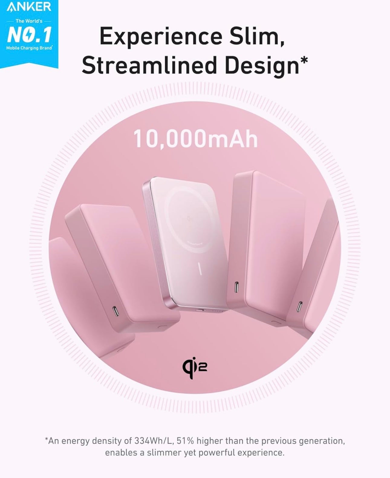 Anker MagGo Power Bank, Ultra Slim 10000mAh Magnetic Battery Pack, Qi2 Certified - ROSE