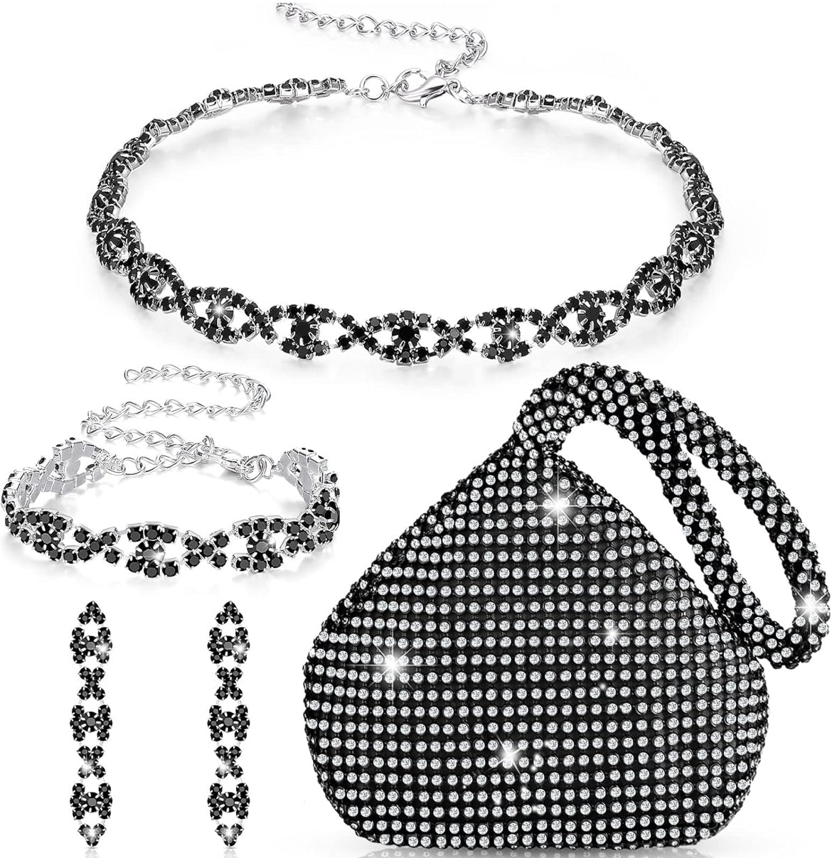 4 STUKS Strass Halsketting Choker Armband Oorring Koppelaars Juweliersware Stel Vroue Kristal Driehoek Bling Diamant Handsak Strass Sak vir Trou Party