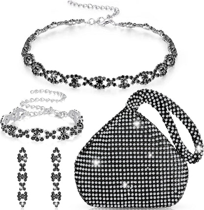 4 STUKS Strass Halsketting Choker Armband Oorring Koppelaars Juweliersware Stel Vroue Kristal Driehoek Bling Diamant Handsak Strass Sak vir Trou Party
