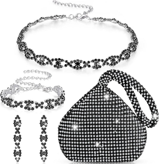 4 STUKS Strass Halsketting Choker Armband Oorring Koppelaars Juweliersware Stel Vroue Kristal Driehoek Bling Diamant Handsak Strass Sak vir Trou Party