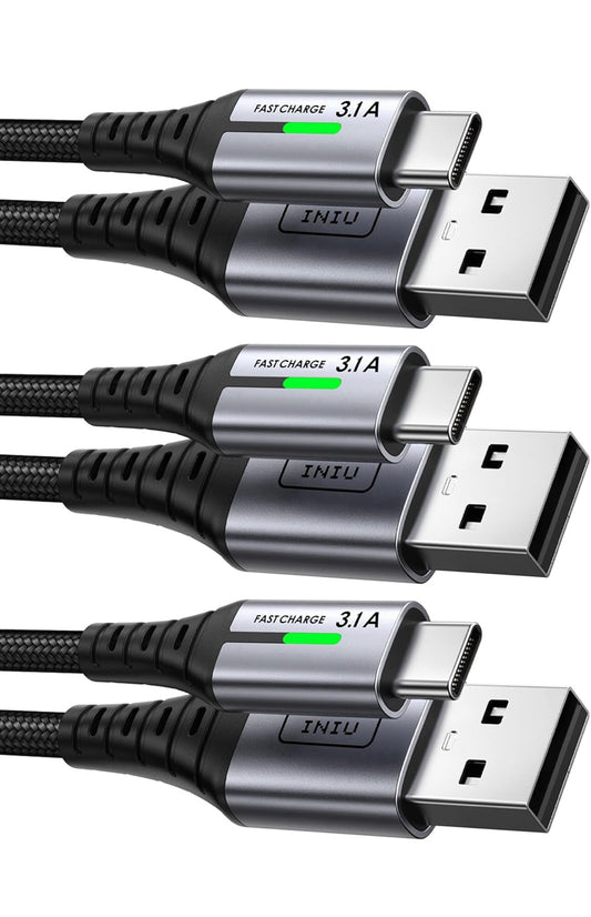 INIU USB na USB C-kabel, [3 Pak, 2m+0.5m] 3.1A Tipe C-koord Vinniglaai, Nylon USB A na USB-C Android Laaierkabel vir Samsung Galaxy S24 S23 S22 S21 S10 S9 iPhone 16 15 Pro Pixel 9 8 7 ens.