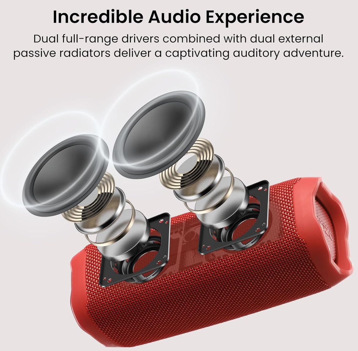PA2 Portable Bluetooth Speaker w/ Dual Drivers & Dual Bass Diaphragms, Deep Bass Loud Stereo Sound, 25H Playtime, Custom EQ - RED