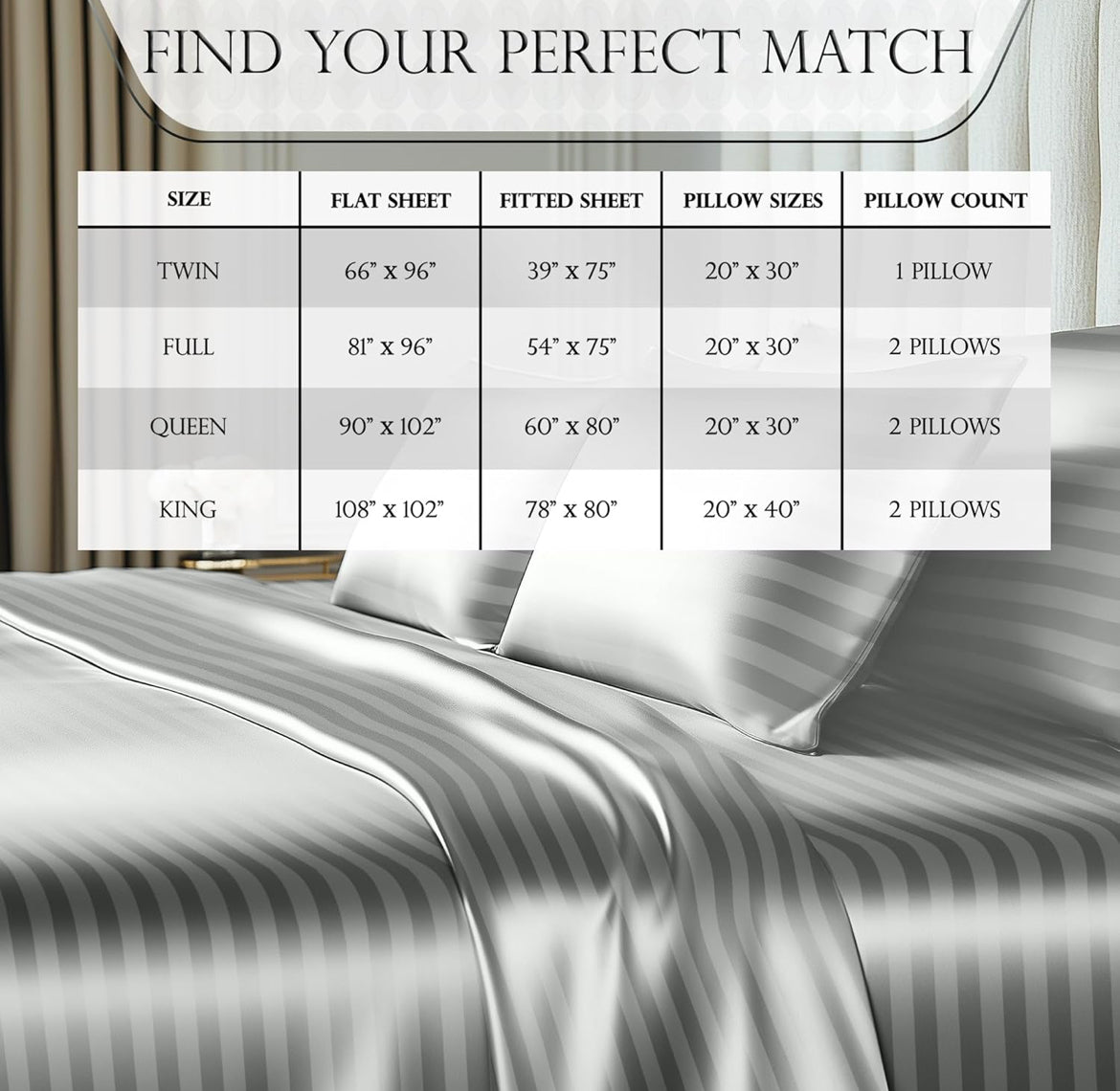 DECOLURE Satin Bed Sheets - 4 Piece Luxury Silky Queen Size Bedding Set - Softer Than Silk, Wrinkle-Free with 15” Deep Pocket Fitted Sheet, Perfect for Hair & Skin, Gifts for Women (Striped Grey)