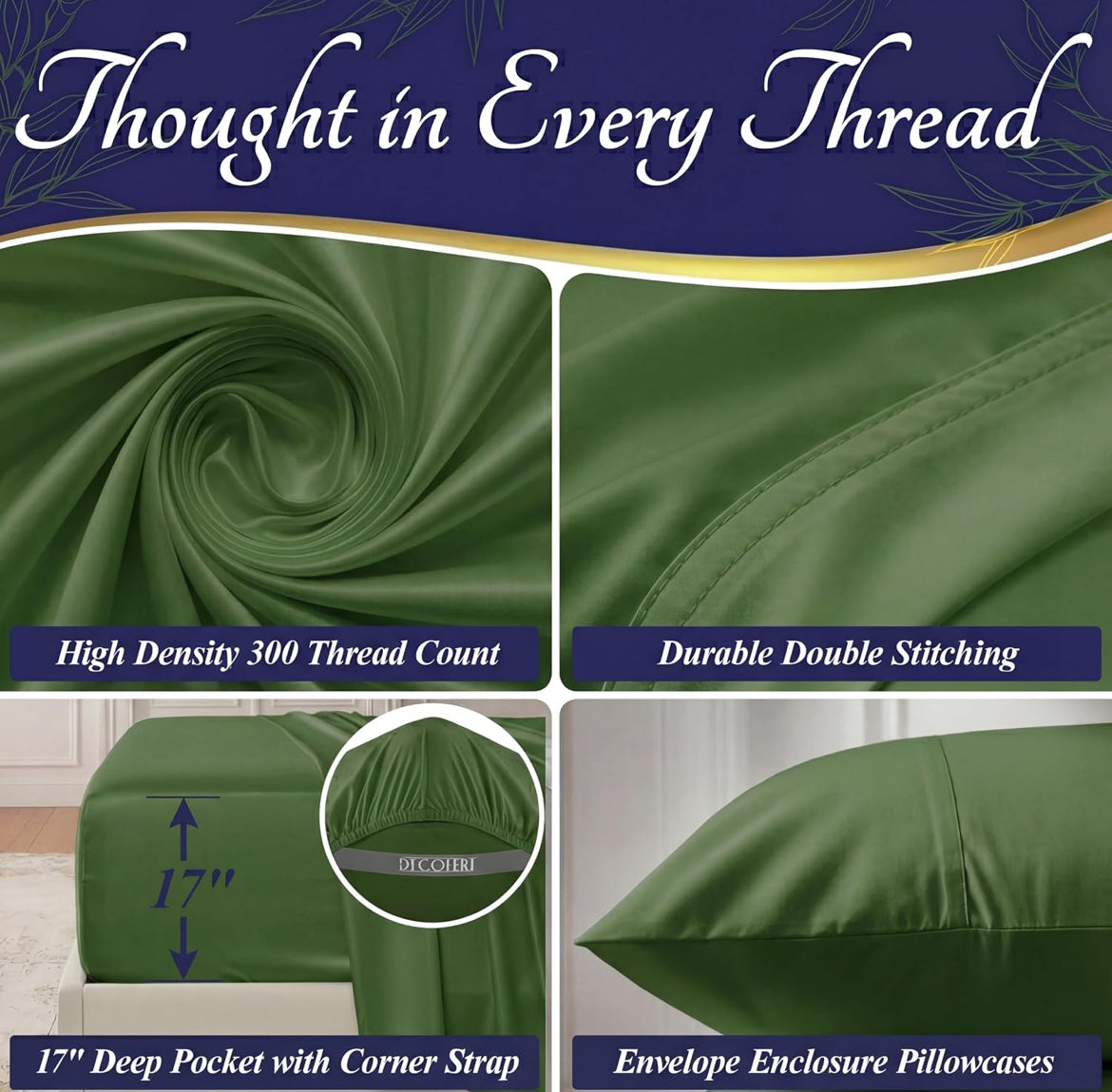 DECOLURE 100% Viscose Derived from Bamboo Sheets King Size - Luxury 4 Pc Naturally Cooling Sheets, Ultra Soft Bed Set - Deep 17" Pockets, Durable Double Stitching, Oeko Tex Standard (Olive)