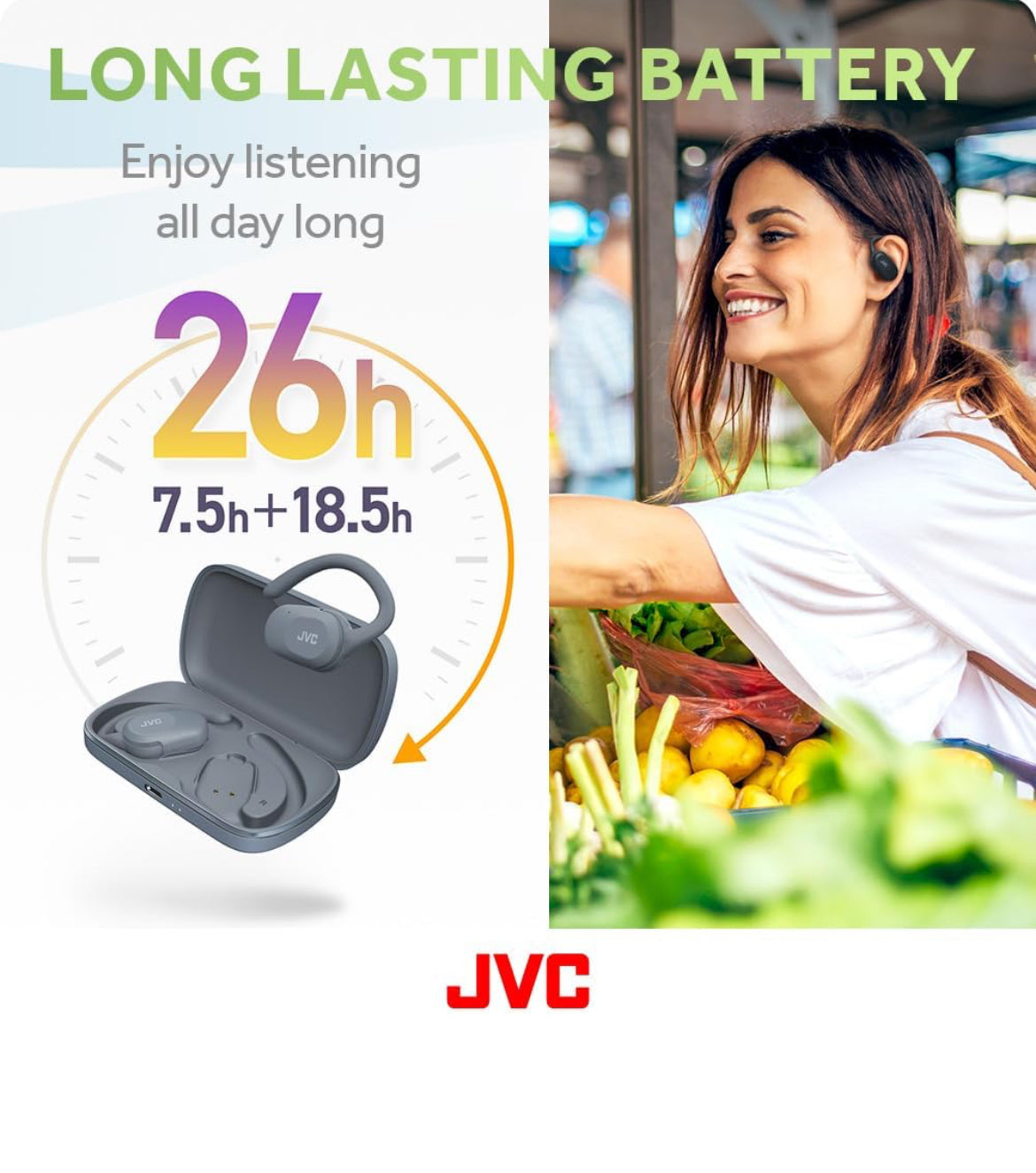JVC naby-fone Oopoor-Ware Draadlose Hooftelefone met Spilbewegingmeganisme, 16mm Groot Drywersklank, Enkeloor-gebruik, BT 5.4, Lang Batterylewe (tot 26 Uur) - HANP40TA (Blou)
