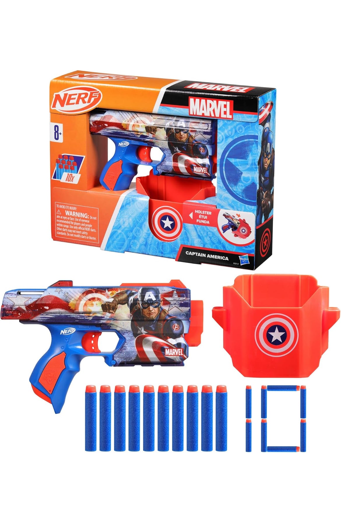 Nerf Marvel Captain America Dart Blaster, 10 Elite Darts, Holster, Toy Foam Blasters for 8 Year Old Boys & Girls & Up