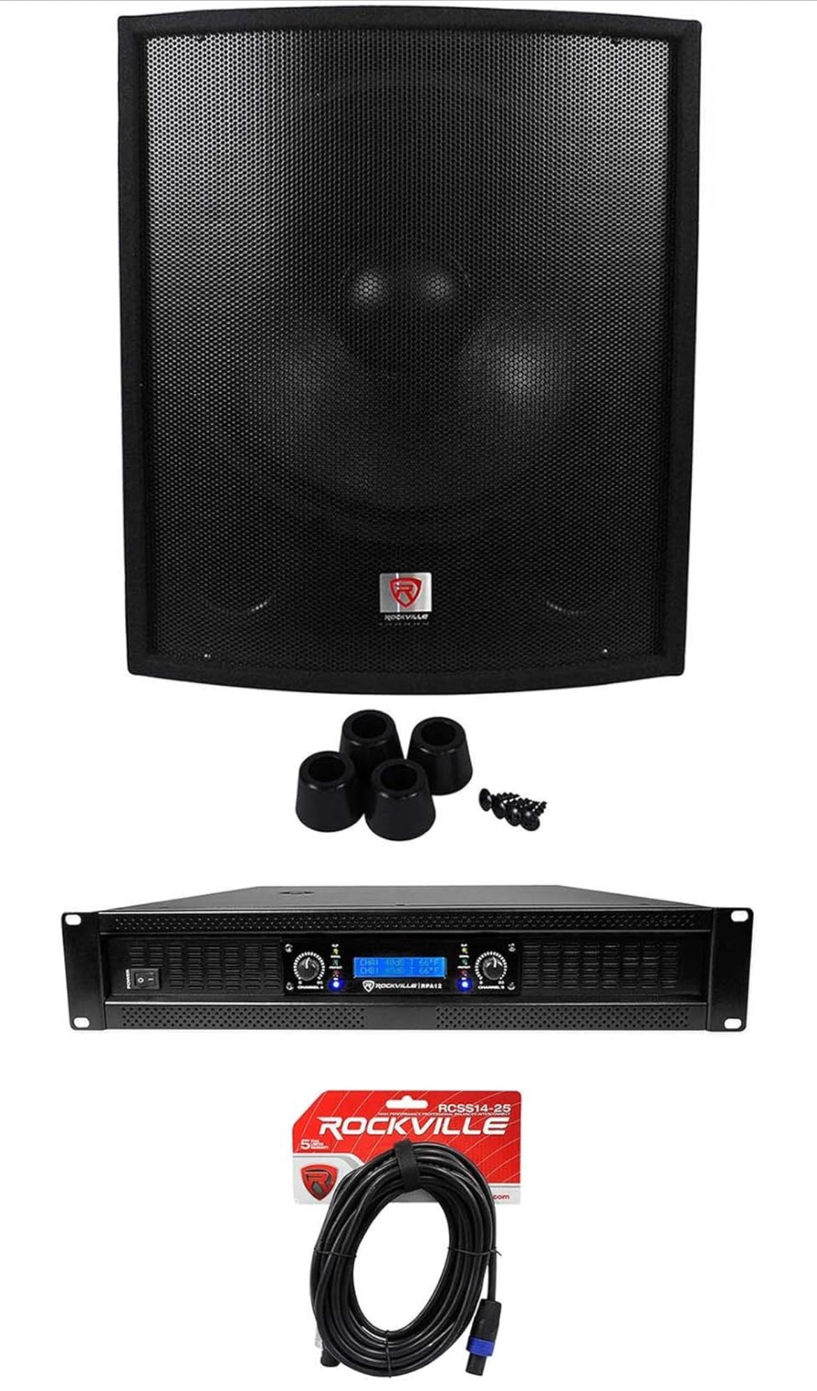 Rockville SBG1188 Caisson de basses DJ PA professionnel 18" + amplificateur 2 canaux 5000 W + câble