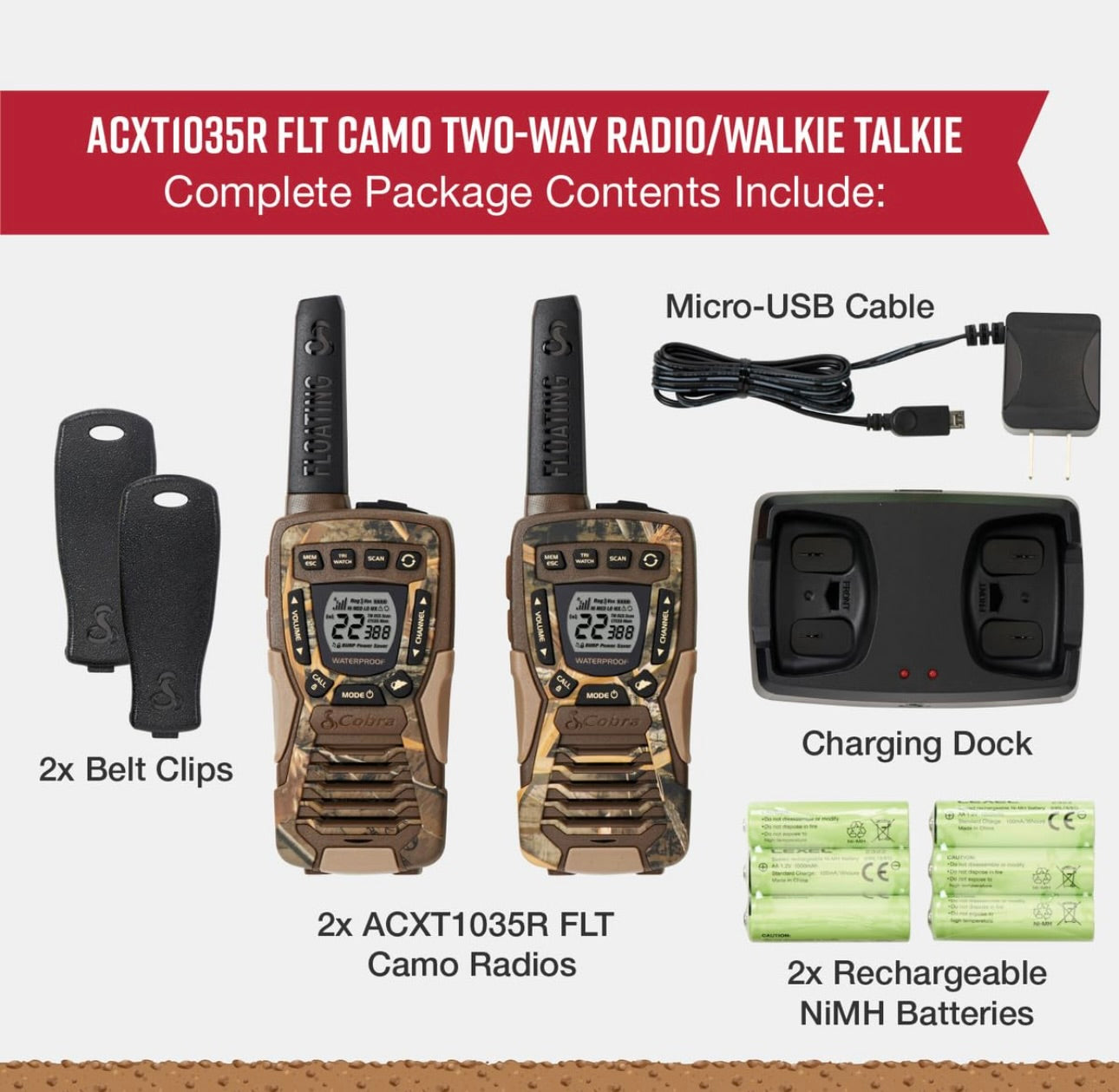 Cobra ACXT1035R FLT CAMO Waterdigte Walkie-Talkies – Herlaaibaar, Dryf, 22 Kanale, Langafstand 37-Myl Tweeradio-stel (2-pak)