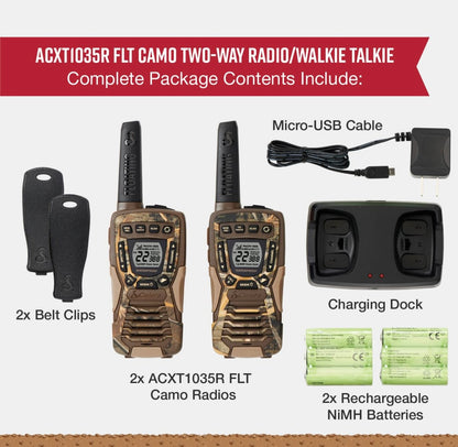 Cobra ACXT1035R FLT CAMO Waterdigte Walkie-Talkies – Herlaaibaar, Dryf, 22 Kanale, Langafstand 37-Myl Tweeradio-stel (2-pak)